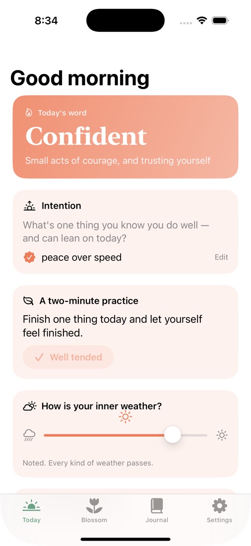 Eight Words screenshot — a gentle morning with today's word